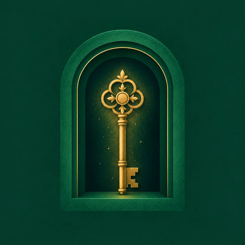 Illustration: an antique gold key resting in an emerald arched niche