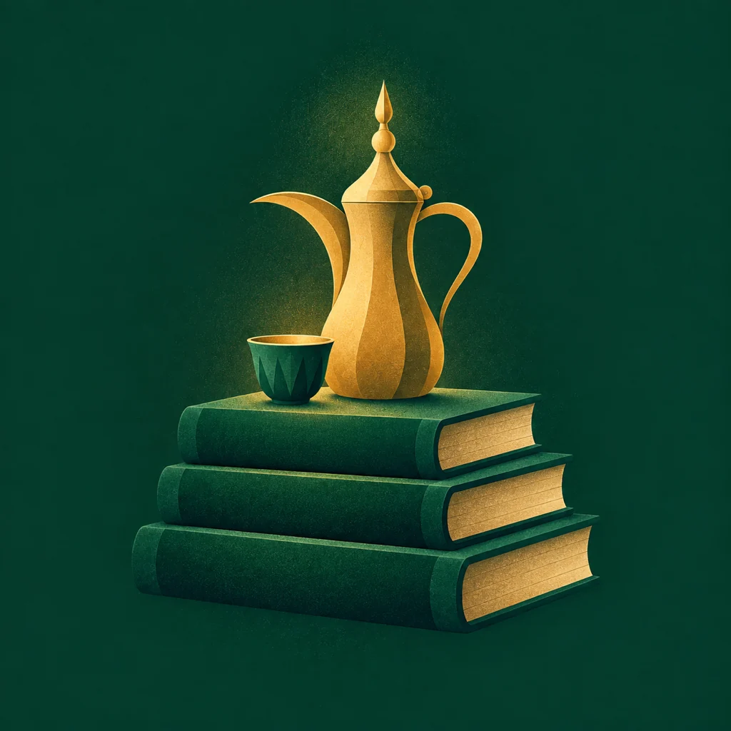 Illustration: a stack of books with a gold dallah and cup