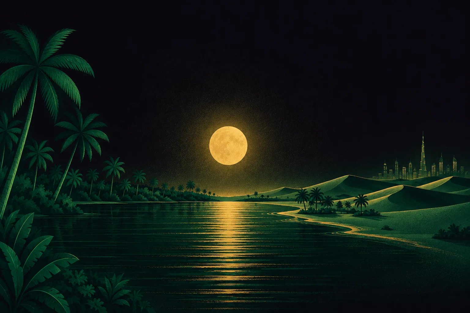 Illustration: a Kerala backwater blending into Dubai's dunes and skyline under one gold moon