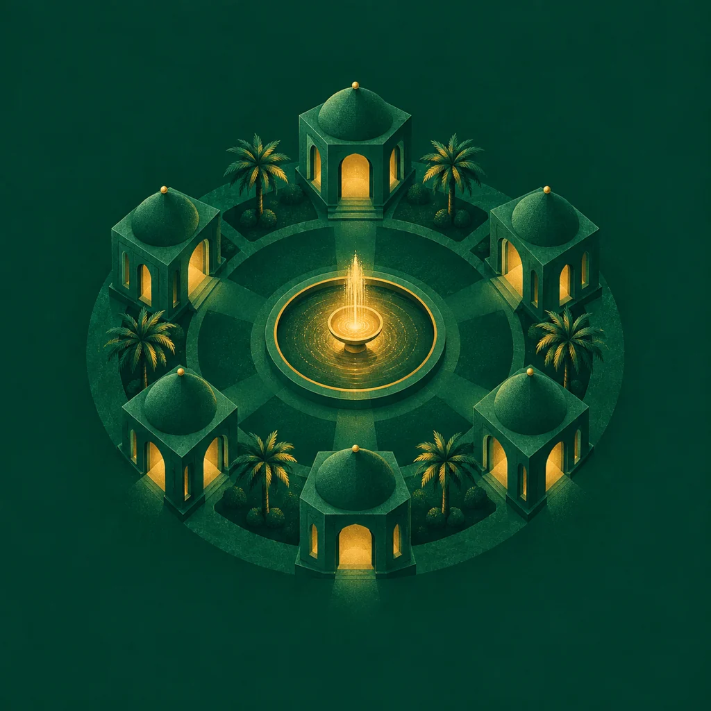 Illustration: arched pavilions in a circle around a gold fountain