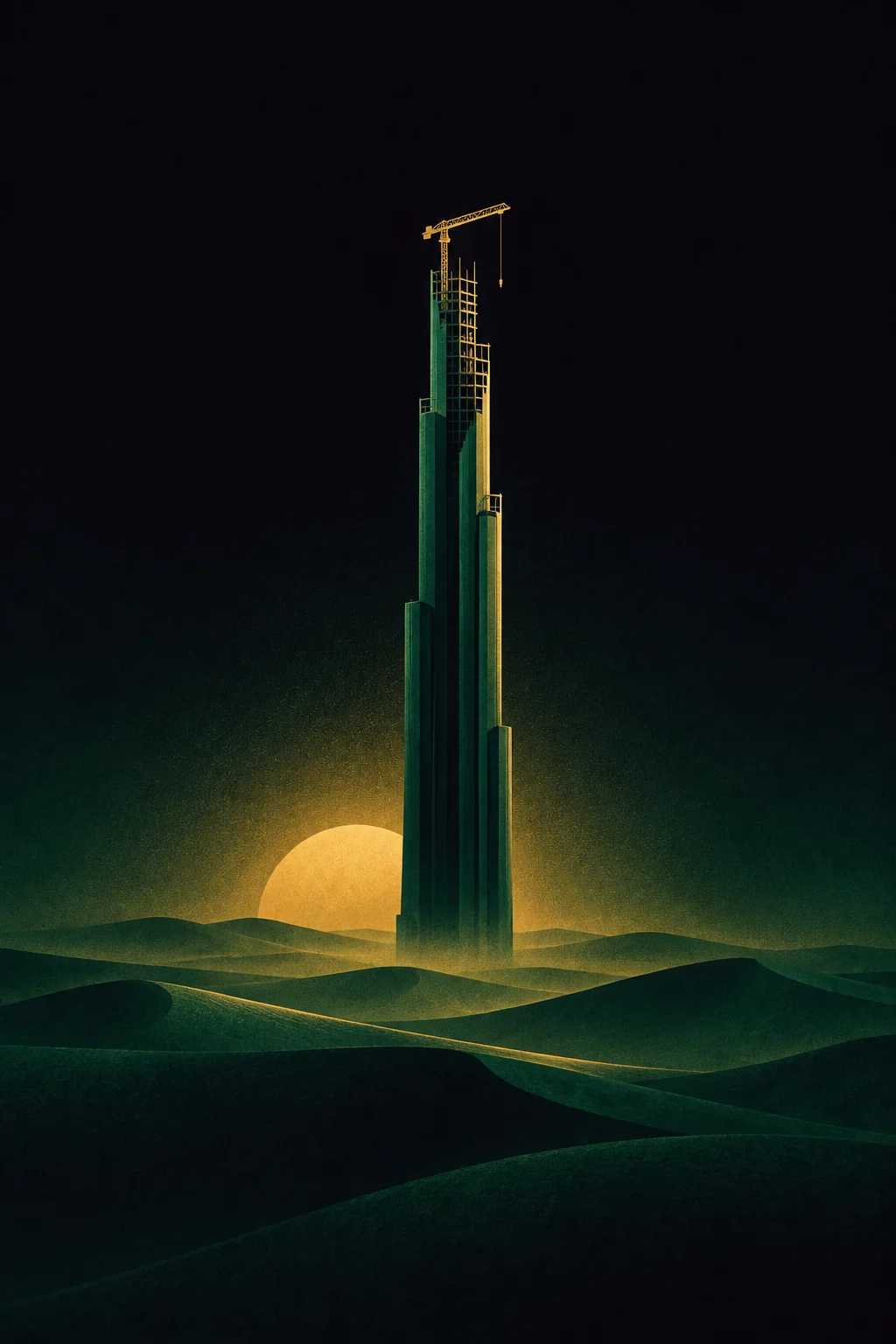 Illustration: a tower under construction at dawn with a gold crane at its top