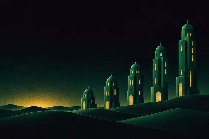 Illustration: emerald towers rising from left to right like a growth chart