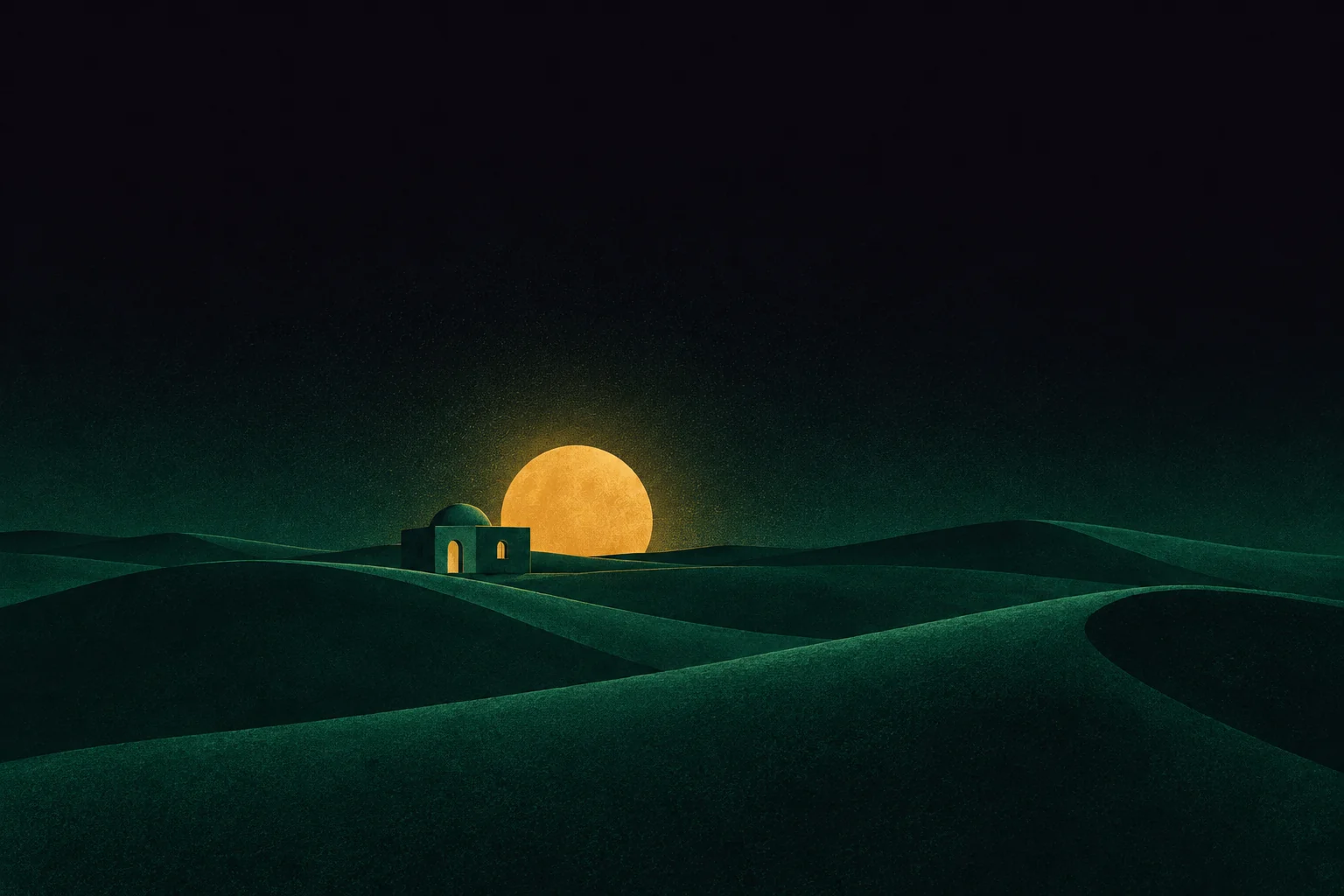 Illustration: one small emerald building with a single gold window in a vast night desert