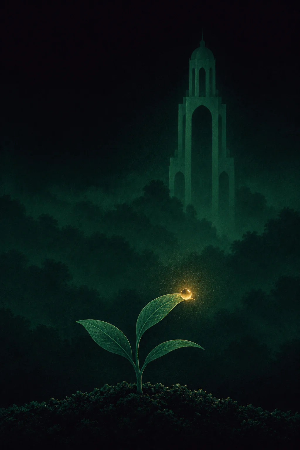 Illustration: a sapling growing from dark soil, an arched tower faint behind it
