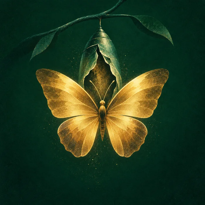 Illustration: a gold butterfly fully emerged from its chrysalis