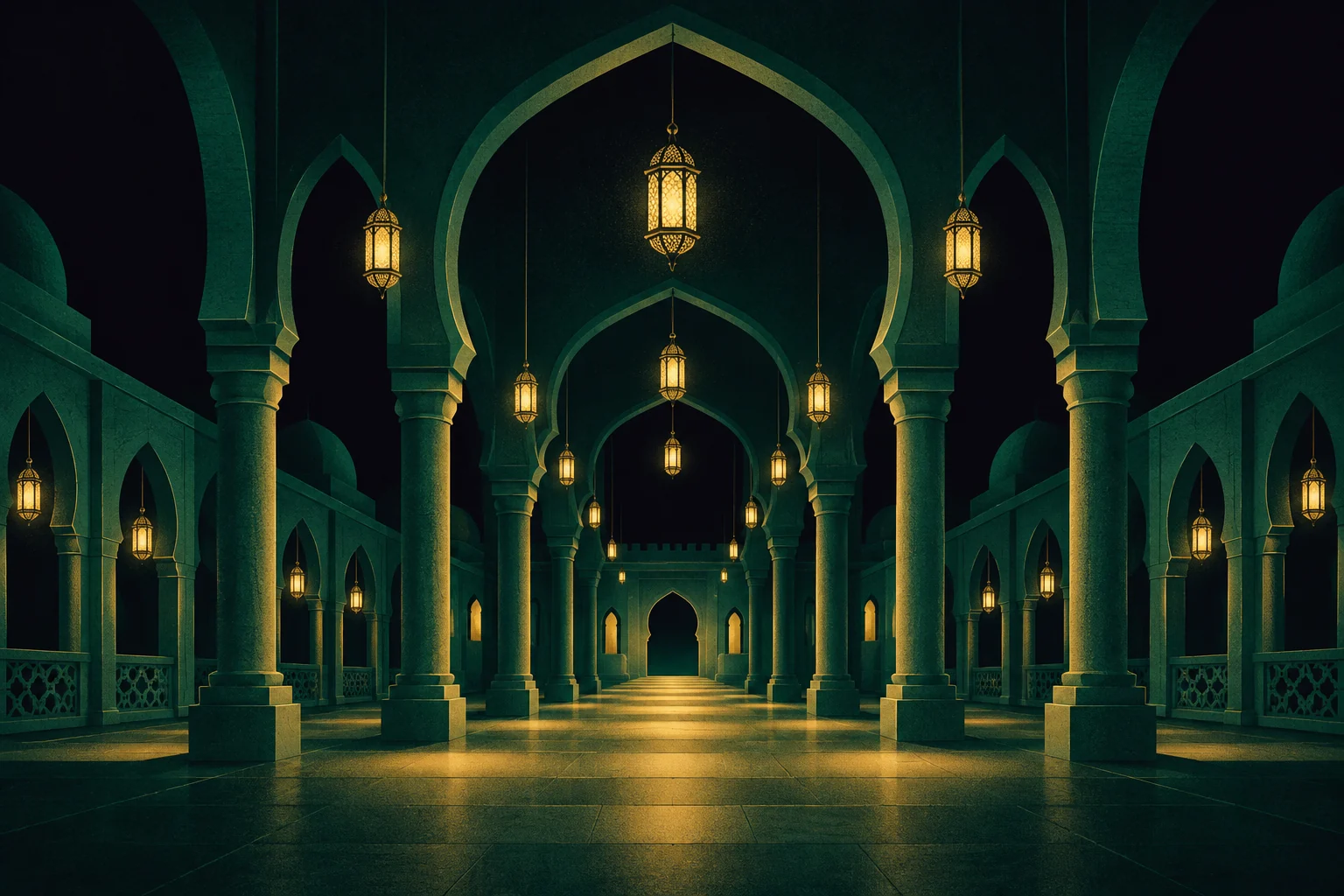 Illustration: a night arcade of arches lit by gold lanterns
