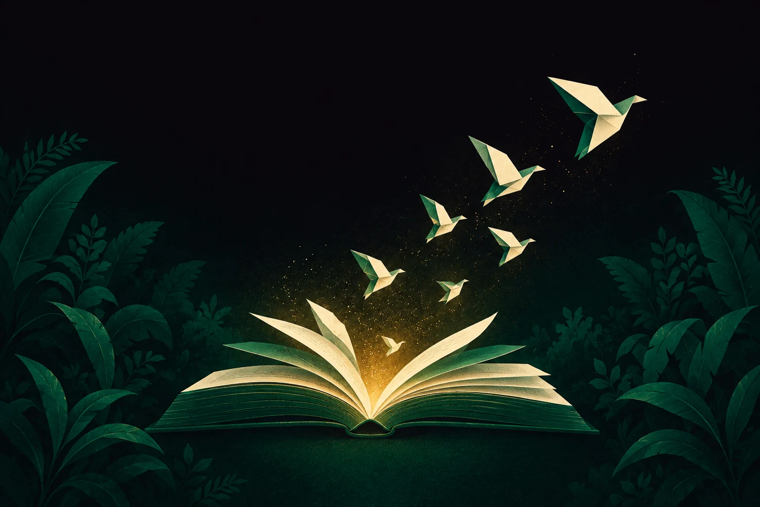 Illustration: an open book whose pages lift away as paper birds, lit by a warm gold light