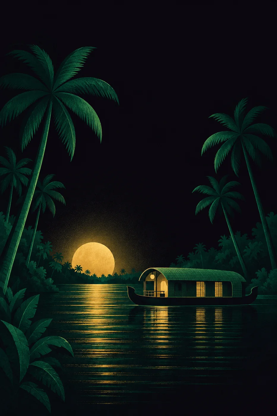 Illustration: a Kerala backwater at night, palms and a houseboat under a gold moon