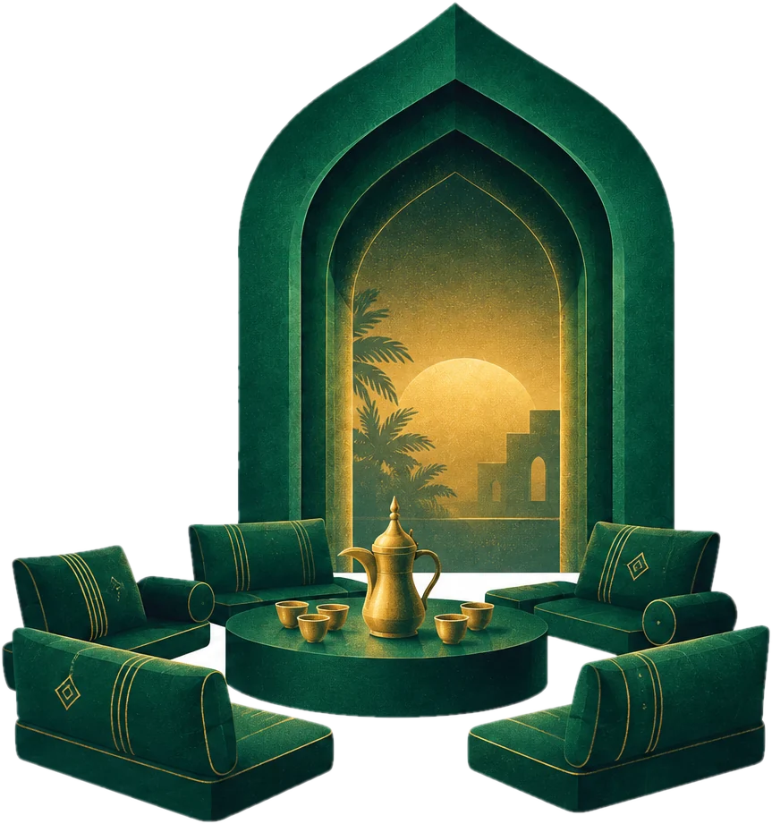 Illustration: an Emirati majlis with low seating around a gold dallah