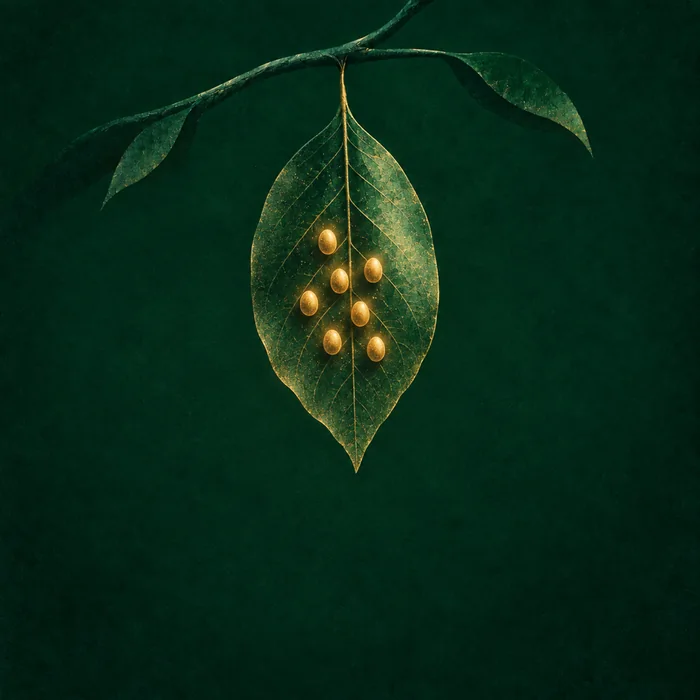 Illustration: separate gold eggs resting on an emerald leaf