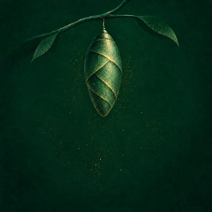 Illustration: an emerald cocoon taking an ordered, structured shape