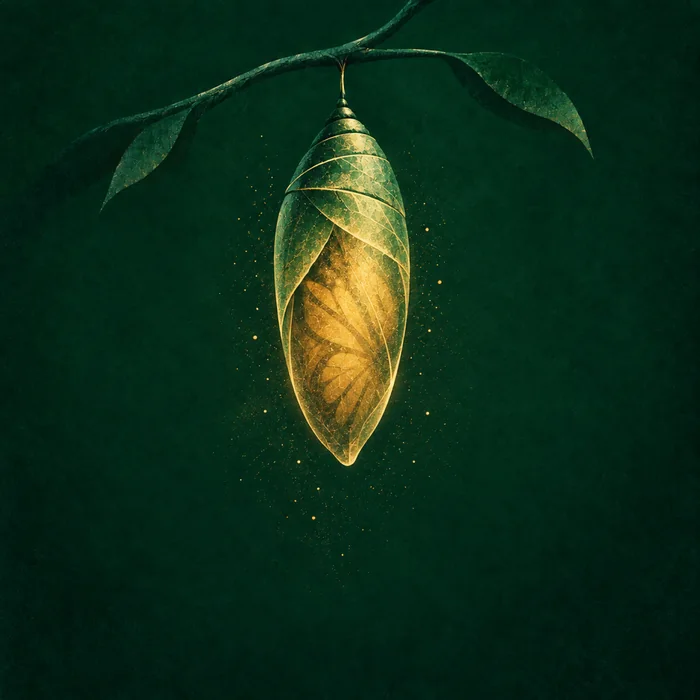 Illustration: a chrysalis glowing gold, wings forming inside