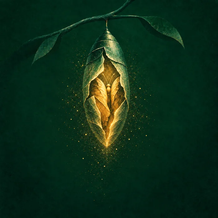 Illustration: the chrysalis splitting open as gold wings unfold