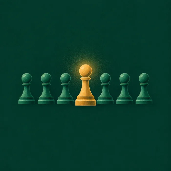 Illustration: a row of emerald pawns with one taller gold pawn