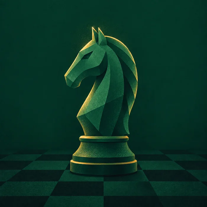 Illustration: an emerald chess knight under a gold light