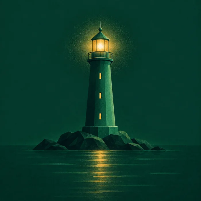 Illustration: an emerald lighthouse with a gold lantern